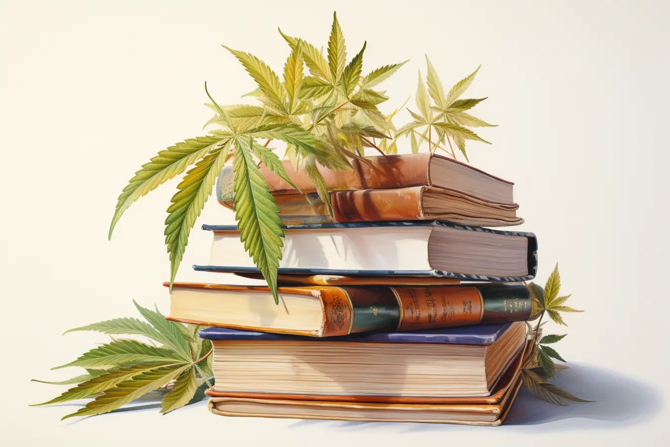 Ein Stapel von Büchern, dekoriert mit Cannabisblättern.